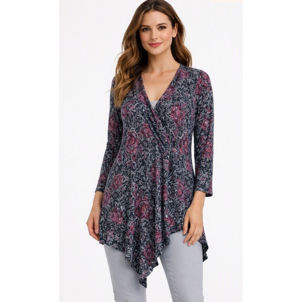 Ellos Crossbody Tunic Women's  Abstract Floral Asymmetric Hem Rayon Boho Chic